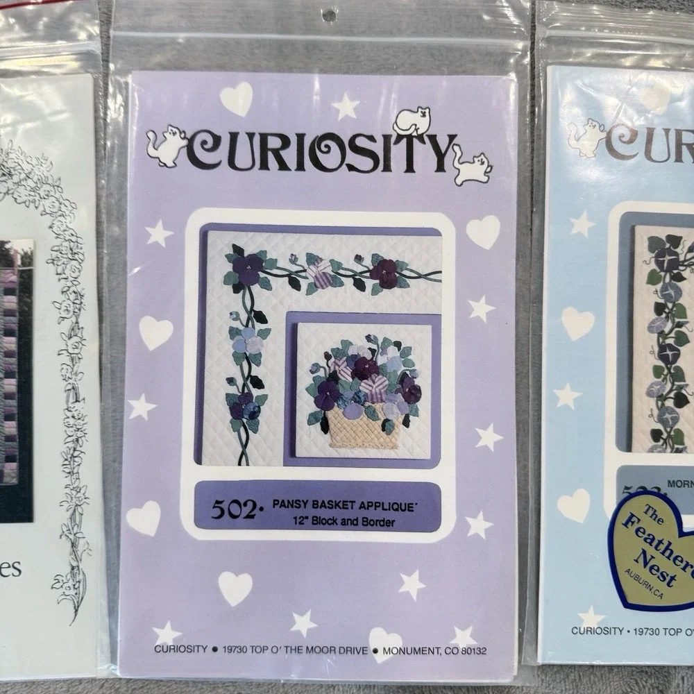Lot 3 Vintage Quilt Patterns Floral Applique Pansy Morning Glory Wreath 1990s